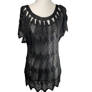Black Small/Medium Mesh Open Knit Chevron Cutout Top Boho Festival Unbranded